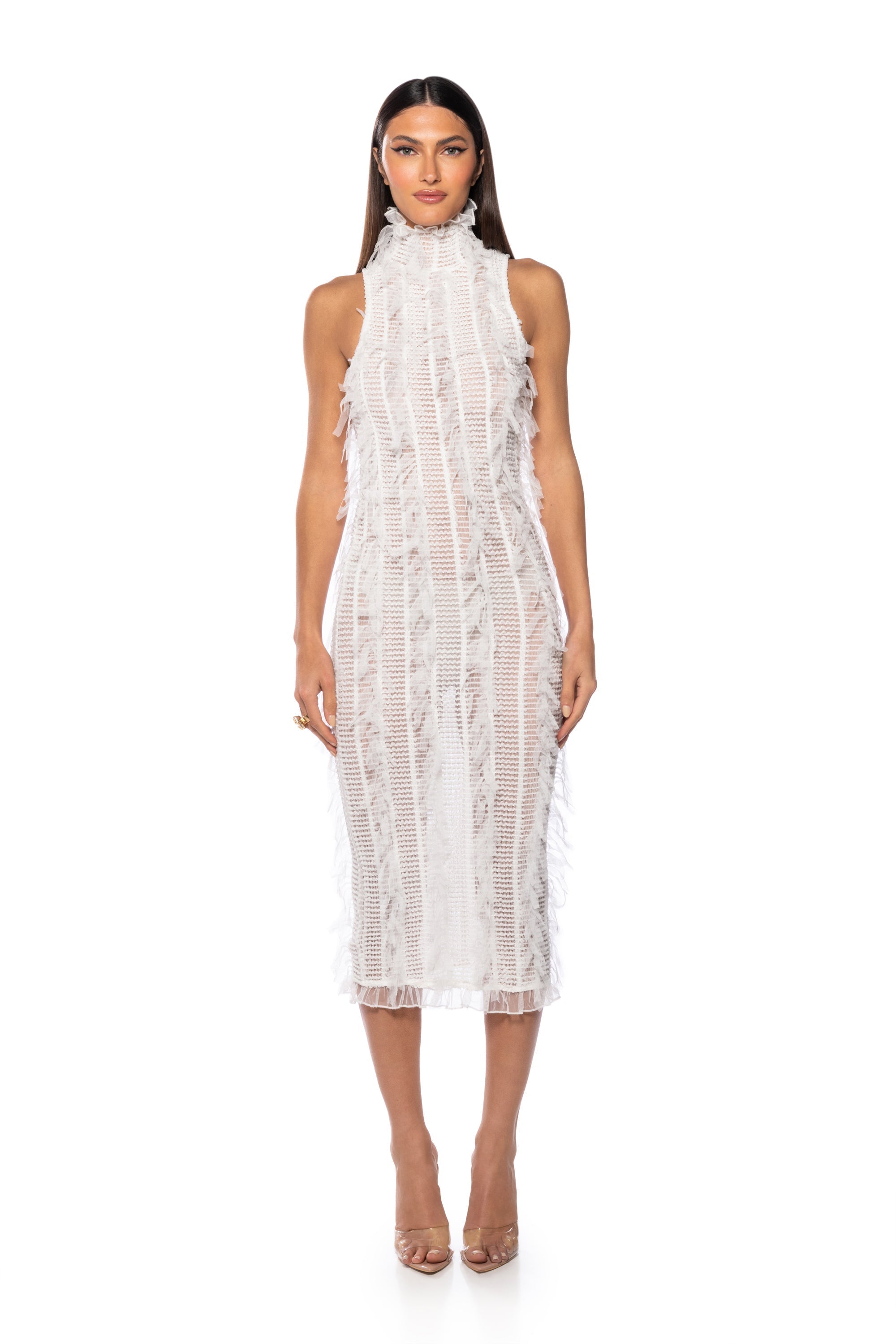 BACKSTAGE SHREDDED MIDI DRESS IN WHITE