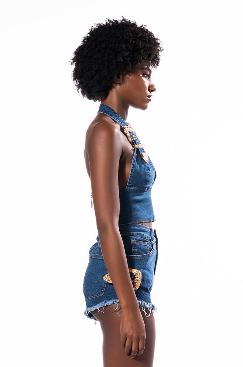 BLUE JEAN BABY BUCKLE HALTER CROP TOP
