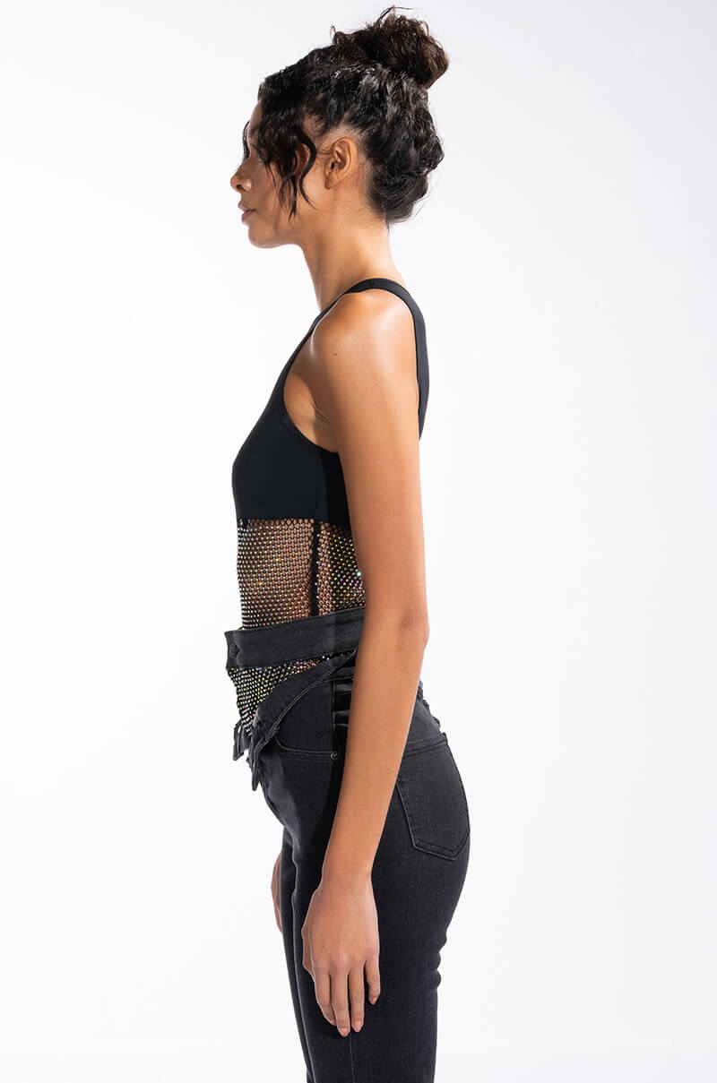 HERE AND THERE RHINESTONE MESH PANEL SLEEVELESS CHEEKY BODYSUIT