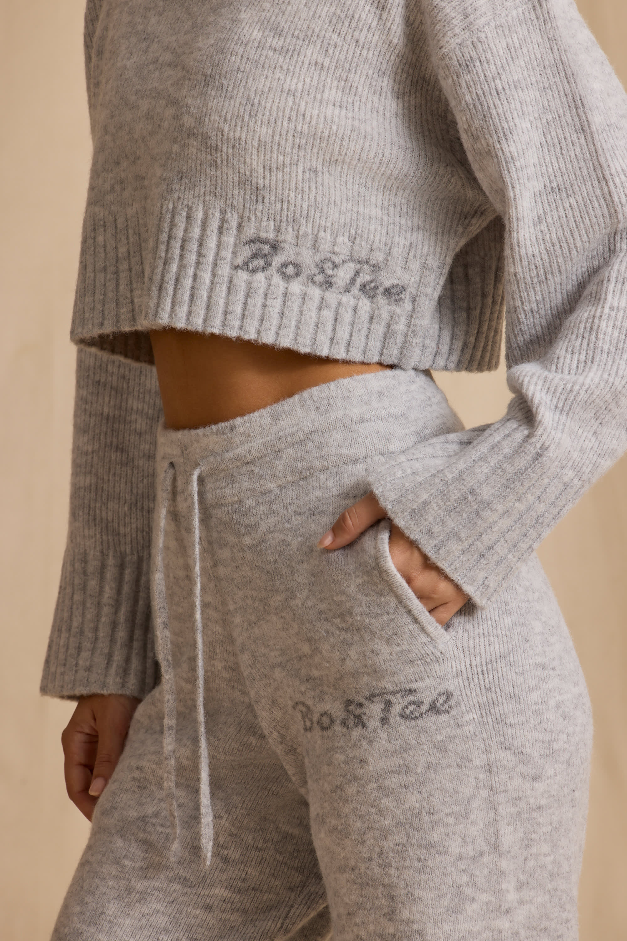 Ribbed Knit Mid-Rise Wide-Leg Joggers in Ice Marl