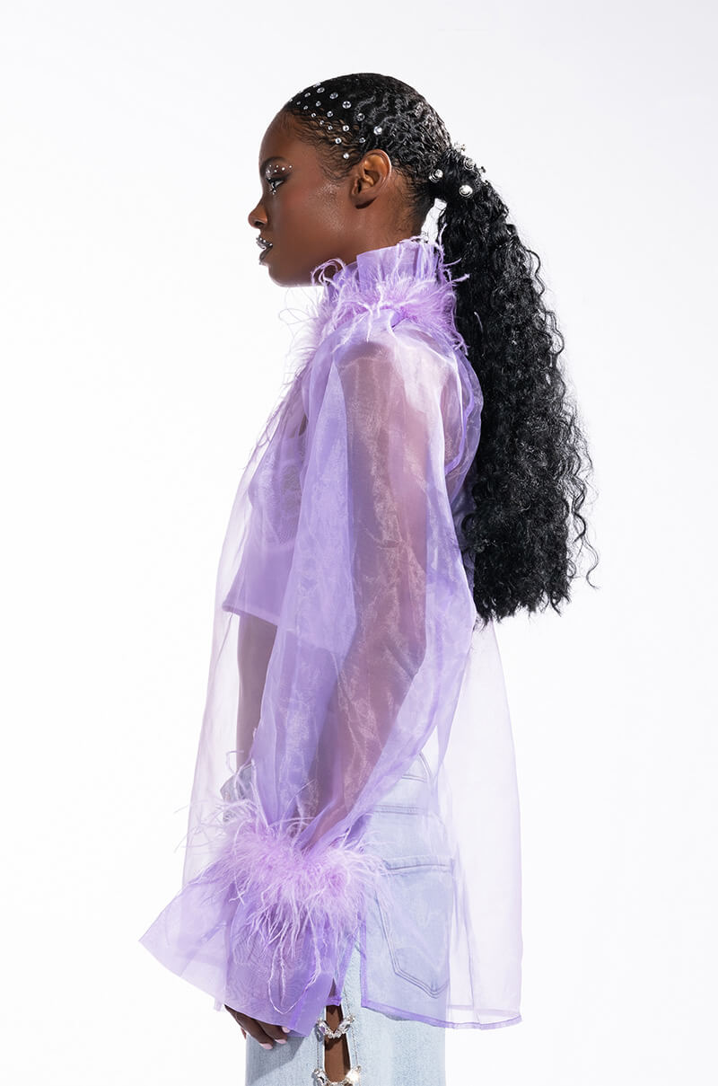 NICE TO MEET YOU FEATHER TRIM LONG SLEEVE ORGANZA BLOUSE
