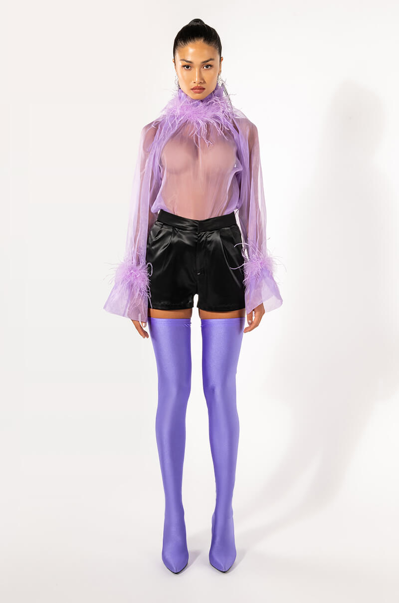 NICE TO MEET YOU FEATHER TRIM LONG SLEEVE ORGANZA BLOUSE