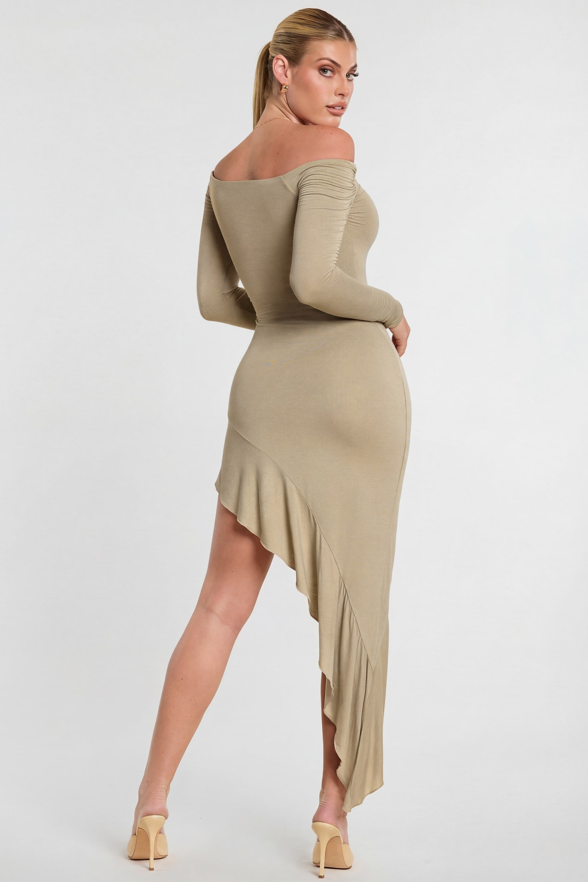 Long Sleeve Off-The-Shoulder Modal Cashmere Blend Maxi Dress in Taupe