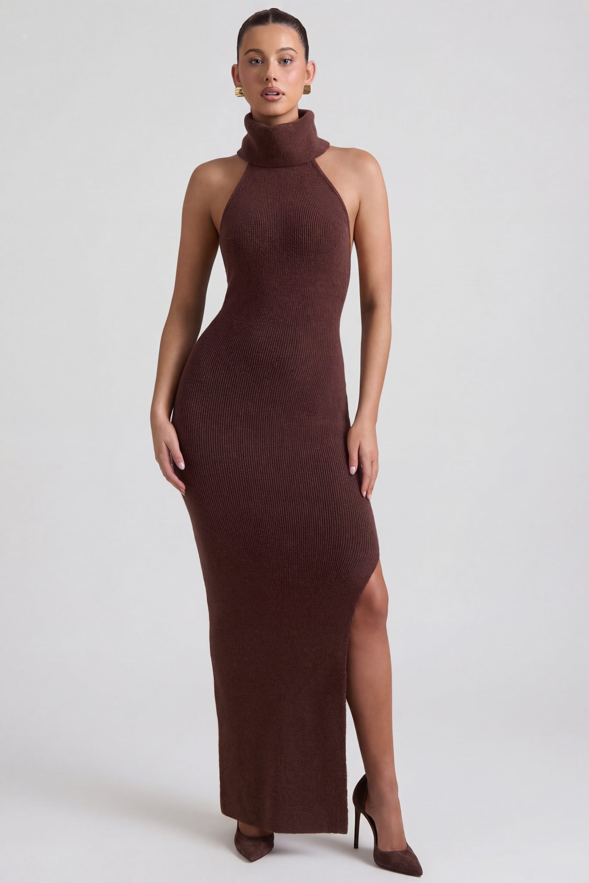 Ribbed-Knit Turtleneck Backless Maxi Dress in Espresso