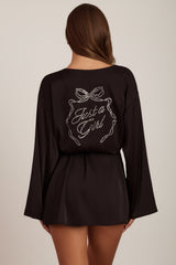 Embellished Loose-Fit Wrap-Over Robe in Black