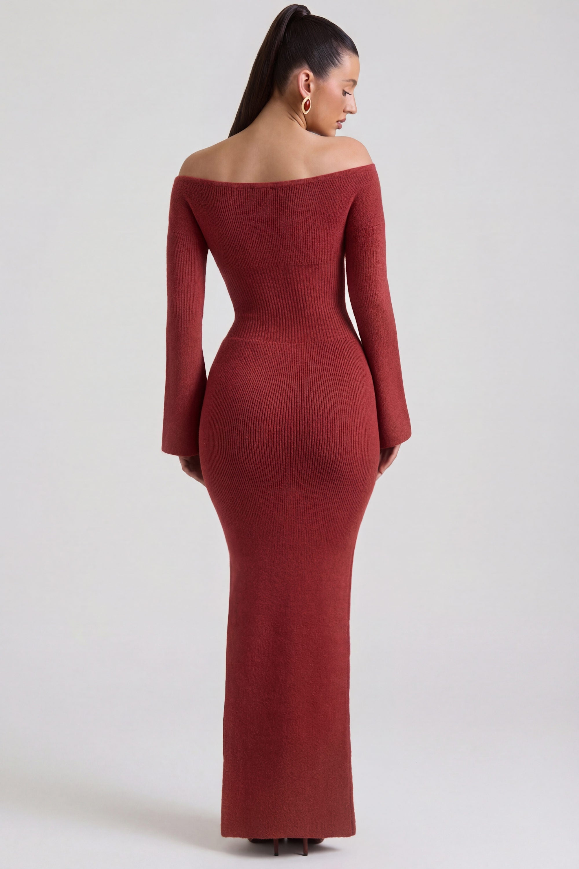 Ribbed-Knit Off-Shoulder Maxi Dress in Brick Red