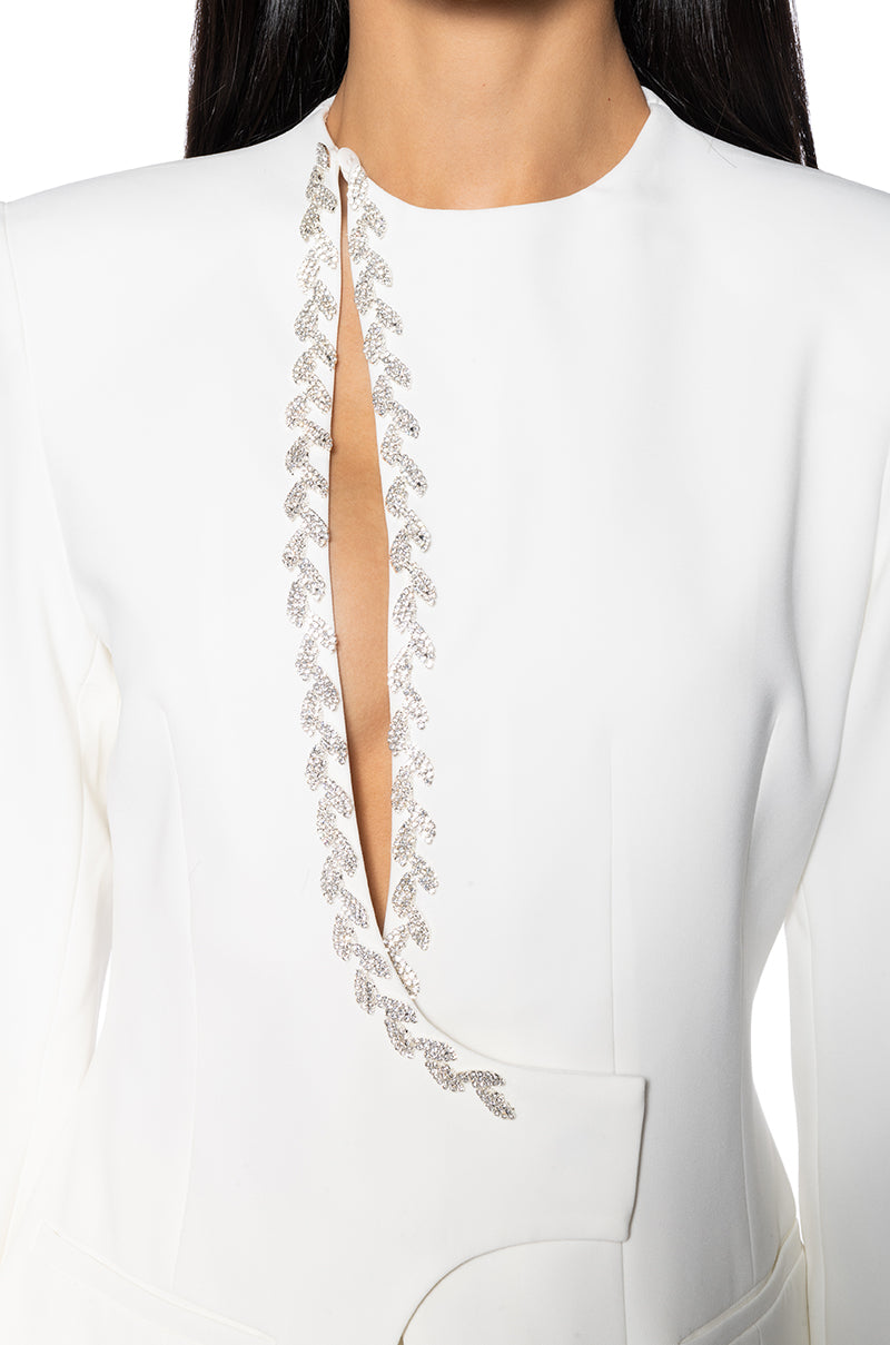 PEEK A BOO RHINESTONE ACCENT BLAZER IN WHITE