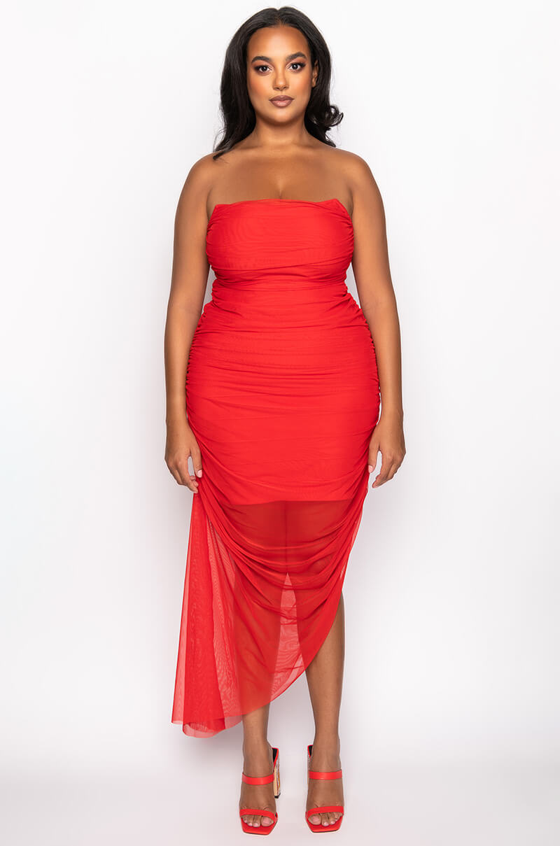 PLUS LOVE ME MORE TUBE RUCHED MESH MIDI DRESS