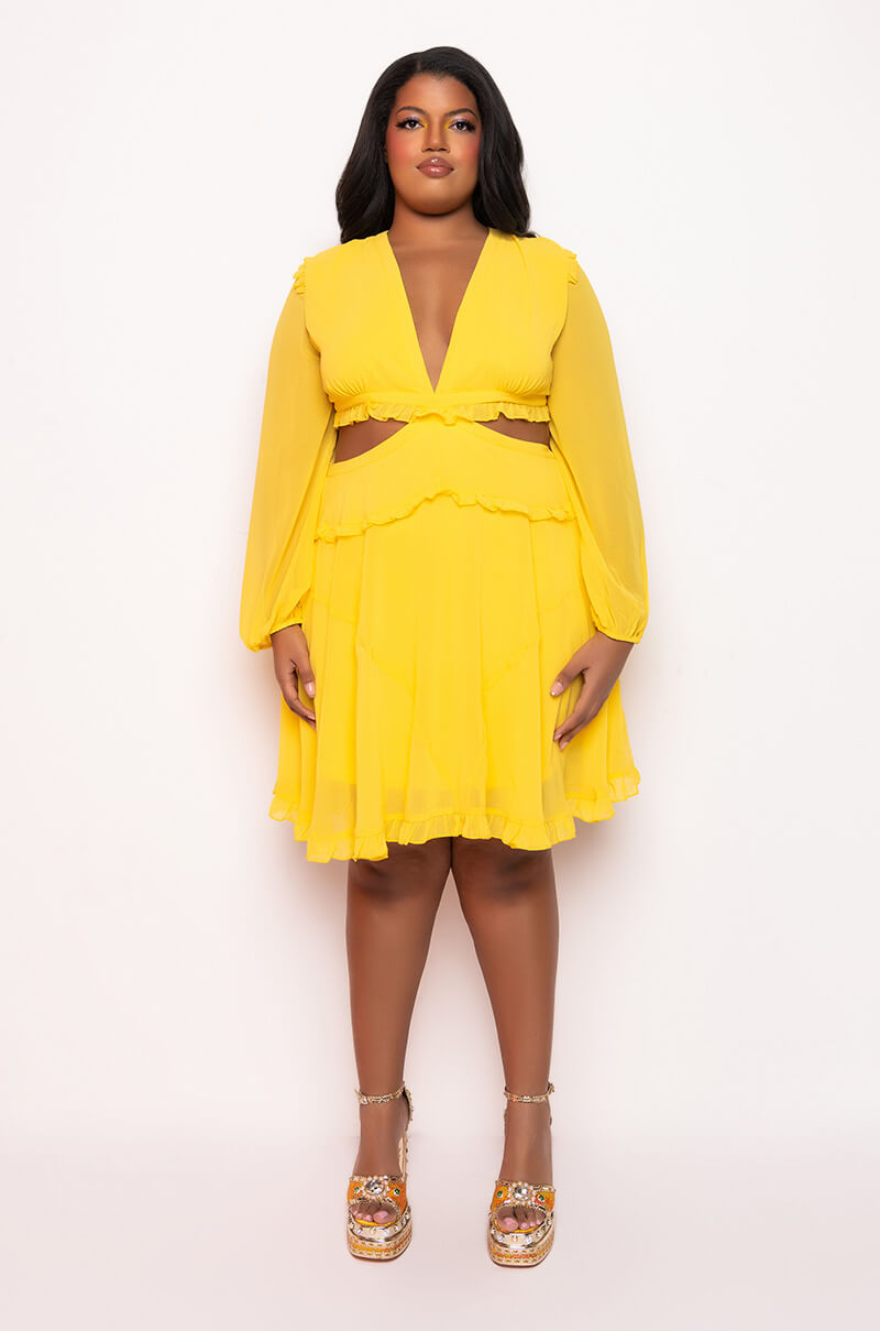 PLUS RESORT LONG SLEEVE MINI DRESS WITH CUT OUTS