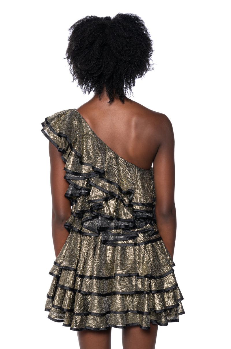 COVER ME IN GOLD RUFFLE MINI DRESS